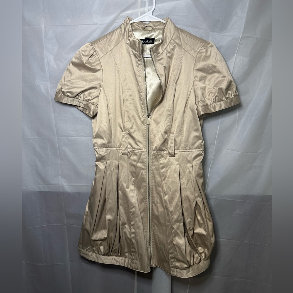 Bebe Tan Satin Bubble Hem Shirt Dress Size M.  WITHOUT BELT
